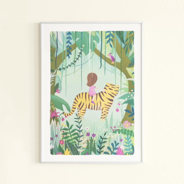 Kinderkamer poster met illustratie van een meisje op een tijger in de jungle