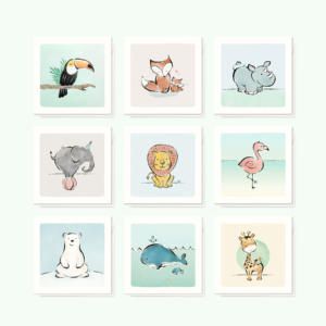 Wenskaarten dieren - set van 9 - kaarten met illustraties van dieren