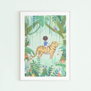 Kinderkamer poster met illustratie van een jongen op een tijger in de jungle