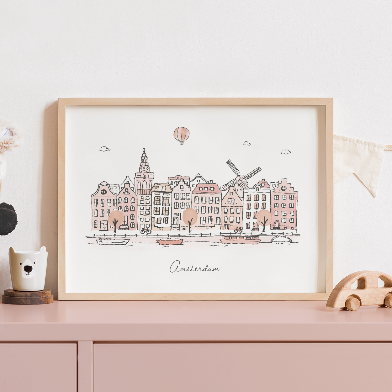 Poster met de skyline van Amsterdam in aardetinten van Kikker en Prins