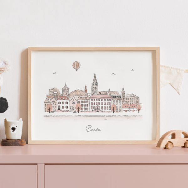 Poster met de skyline van Breda in aardetinten van Kikker en Prins
