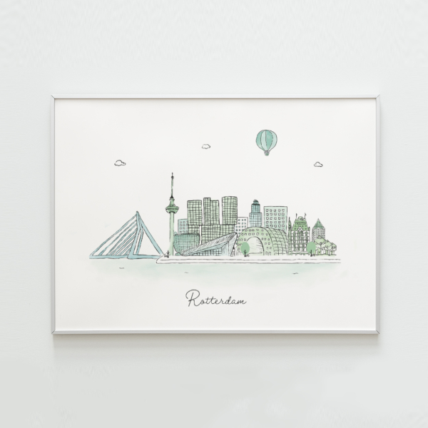 Poster met de skyline van Rotterdam in groene tinten van Kikker en Prins