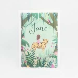 Geboortekaartje Jane - jungle, met een meisje op de rug van een tijger, van Kikker & Prins